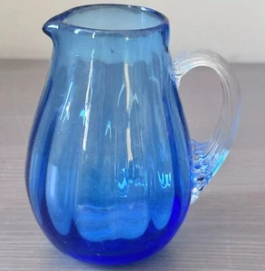 Vintage Pilgrim Art Glass Blue Optic Rib Creamer Hand Blown Glass Pitcher Handle - Picture 1 of 6