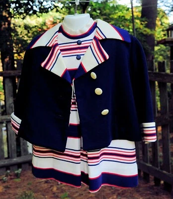 VTG 70's Girls Patriotic Red White Blue Striped Dress & Matching Coat Size 4/5  - Image 1 of 4
