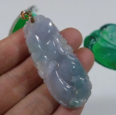 Fine Natural Type A Icy Lavender Jadeite Jade Lotus Carp Pendant 18K - Image 1 of 4