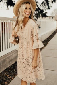 Roolee Falling For You Eyelet Dress in Blush LARGE Empire 3/4 Ruffle Sleeve - Picture 1 of 15