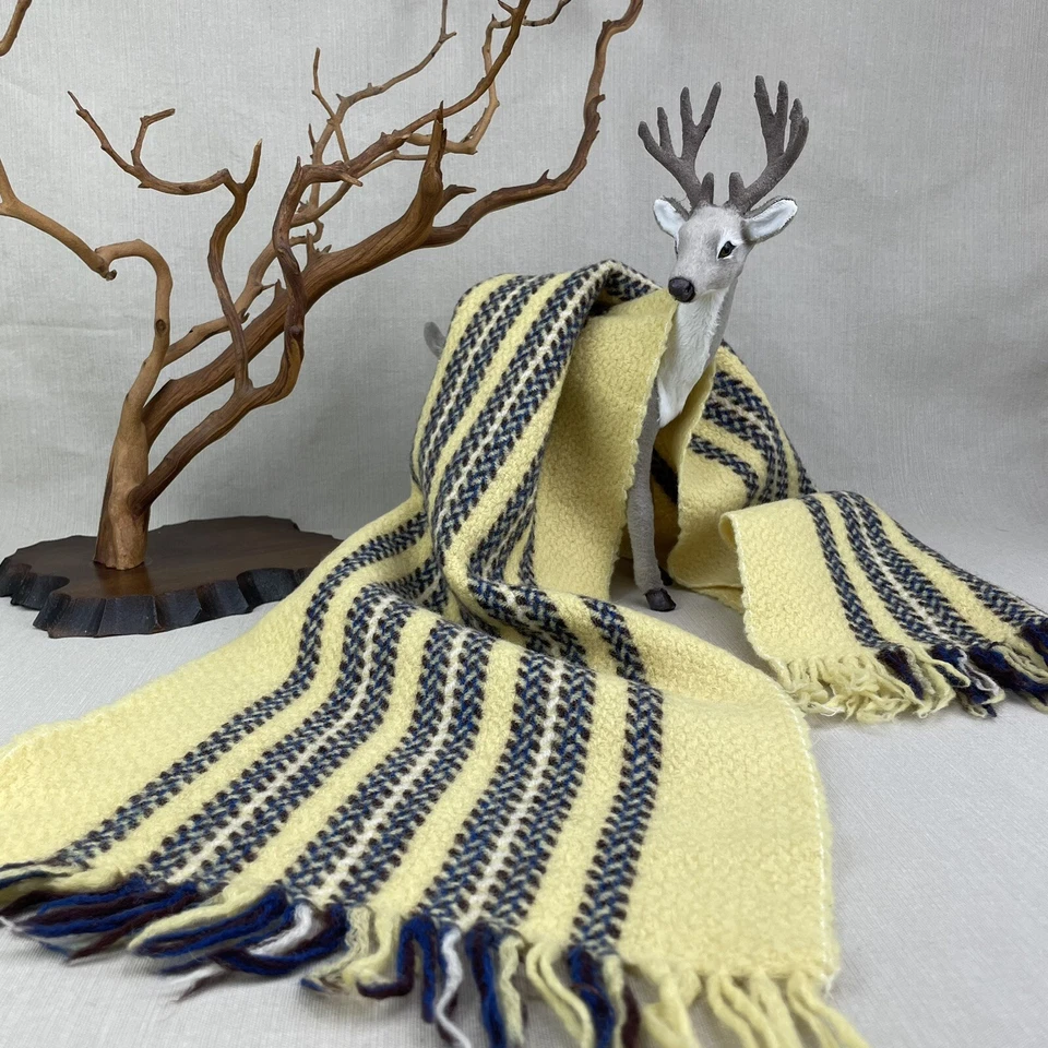 Short Scarf Vintage Yellow and Blue Striped 21" Neck Scarf with Fringe - Image 1 of 4