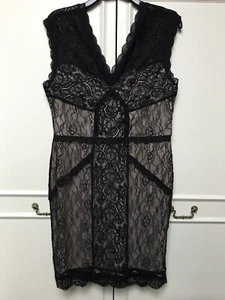 Oasis Bodycon Dress L Pit-Pit 19” Stretch Black Lace/Beige Lining V Front & Back - Picture 1 of 18