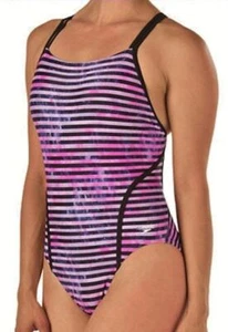 SPEEDO Racing Stripe Volt Back Pink Black Swim Suit Womens Sz 8 34 10 36 12 38 - Picture 1 of 6
