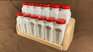 Griffith Milk Glass Spice Jar Set with Wooden Rack USA 1930s Art Deco 10 Pc - Picture 1 of 11