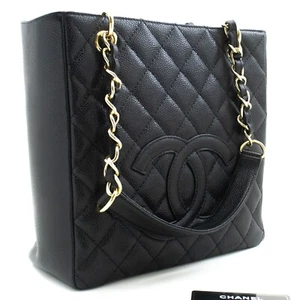 n51 CHANEL Authentic Caviar PST Chain Shoulder Bag Shopping Tote Black Quilted - Picture 1 of 17