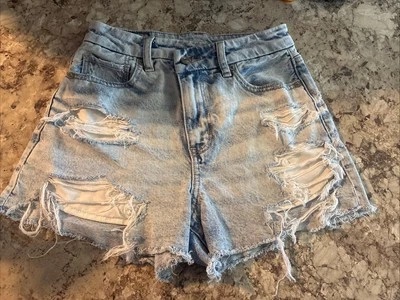 American Eagle Light Wash Denim Booty Shorts High Rise Distress Sz 00 Y2K Style - Image 1 of 4