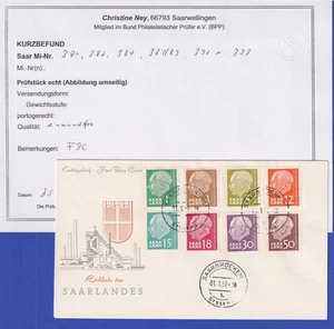 Saarland 1.1.57 FDC mit 8 Heuss-Werten gepr. mit Befund Ney BPP - Bild 1 von 1