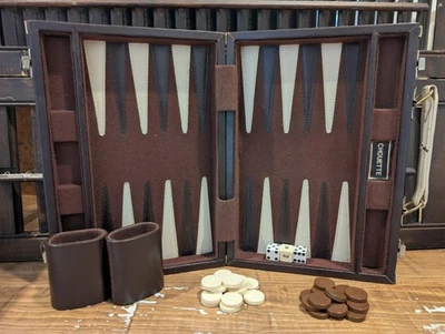 Vintage Faux Leather Backgammon Set Travel Case Brown Cream Game Board-Read - image 1 of 4