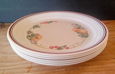 5 Corelle ABUNDANCE FRUIT 10 1/4" Dinner Plates Beige W/Multicolor Rings & Fruit - Image 1 of 4
