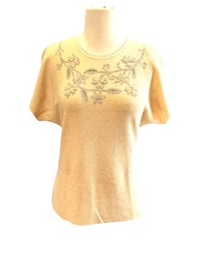Vtg 1950s Tobi Of California Ivory Knit Boucle Sweater Shirt Pearls Sequin S M - Picture 1 of 7