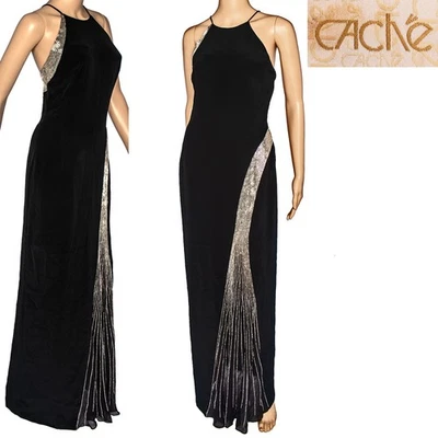 Vestido Cache Vintage Años 90 Negro Seda Plata Cuentas Vestido Sin Mangas Noche Baile de graduación 4 Foto 1 de 4