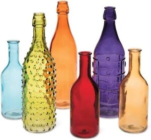 Set of 6 Multi-Colored Glass Wine Bottles For Bottle Tree Holder Garden Stake