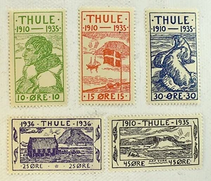 GROENLANDIA 25 ANIVERSARIO ASENTAMIENTO THULE SCOTT #T1-T5 MNH, 1935-1937 - Imagen 1 de 2