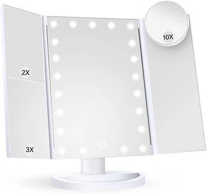 Vanity Makeup Mirror w/ Lights, 2X 3X 10X Magnification, Trifold LED Mirror - Picture 1 of 11
