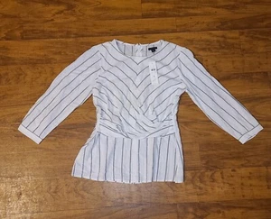 Ann Taylor Women's Size 0 Sheer Top Ivory & Gray Striped 3/4 Sleeve NWT - Picture 1 of 14