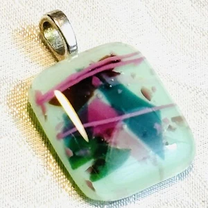 Fused Glass Pendant Abstract Pink and Green About 1” X  1” - Picture 1 of 6