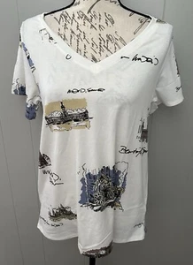 NEW RELEASE Lularoe Christy T V Neck Shirt Small S Beautiful Travel Print Nwt - Picture 1 of 5