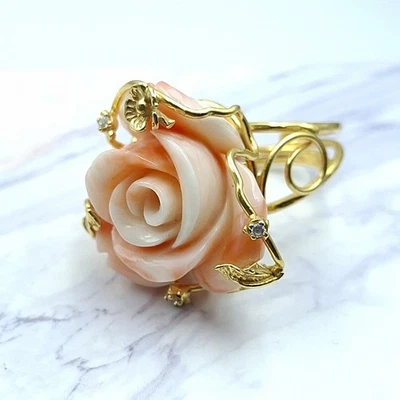 Anello  Fiore Rosa vero corallo Rosa del Giappone Argento 925 Oro Giallo 18 KT - Immagine 1 di 4
