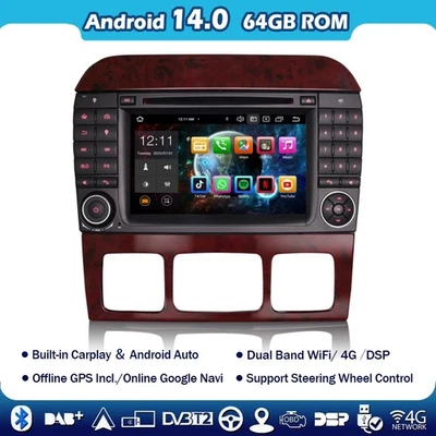 64GB Android 14 Autoradio CarPlay Radio GPS Navi Mercedes S/CL Klasse W220 W215 - Bild 1 von 4