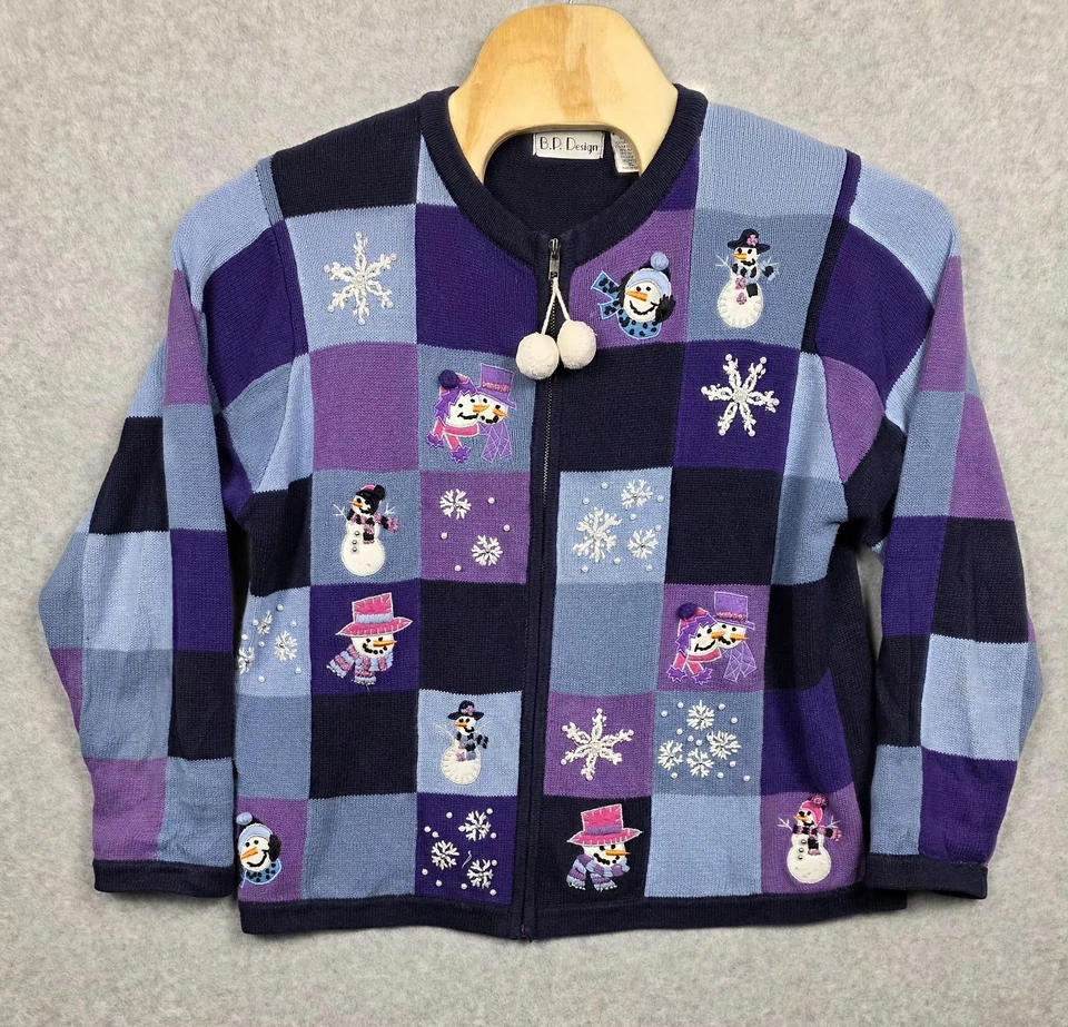Suéter BP Design Mujer XL Azul Púrpura Muñeco de Nieve Copo de Nieve Navidad Cremallera Foto 1 de 4