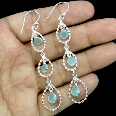 Black Friday 925 Sterling Silver Earrings Pear Chalcedony 7x5mm Gemstone Jewelry - Image 1 of 4