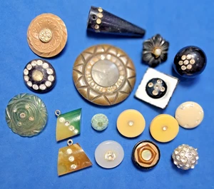 LOT Antique Celluloid Buttons w Rhinestones Shapes - Picture 1 of 13