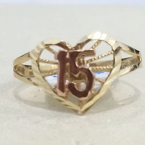 14k Rose & Yellow Gold Sweet 15 Birthday Quinceanera Ring Band Heart Ladies - Picture 1 of 12