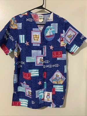 SCRUB UNIFORM TOP   SMALL   Cat Nautical Pattern  SIMPLY BASIC Brand  Snap Front - Image 1 of 4