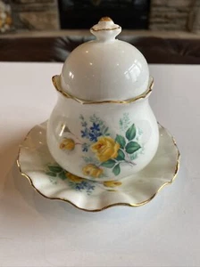 Lefton Japan Vintage Hand Painted Lidded Sugar Bowl with Dish Saucer Yellow - Picture 1 of 9