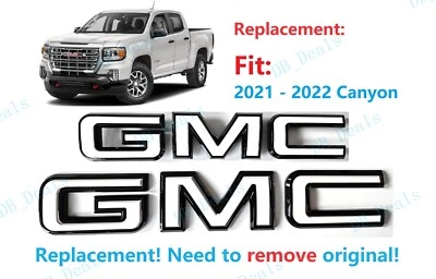 Juego de 2 piezas emblemas GMC negros blancos brillantes delanteros traseros para GMC Canyon 2021-2022 Foto 1 de 4