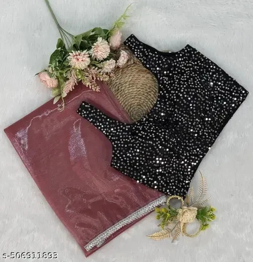 Sari de red brillante de nailon para mujer con pieza de blusa separada Foto 1 de 1