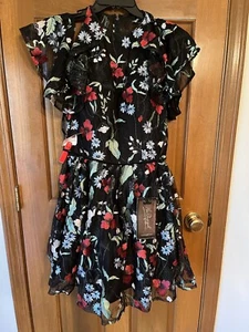 NWT Mac Duggal Embroidered Mesh Cold Shoulder Cocktail Dress SZ 14 Black & Multi - Picture 1 of 11