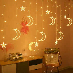 138LED Twinkling Star Moon Fairy String Lights Curtain Eid Mubarak Ramadan Decor - Picture 1 of 7