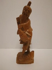 Chinese Hand Carved Wood Old Man Figurine Fisherman Buddha Statue Asian - Picture 1 of 11
