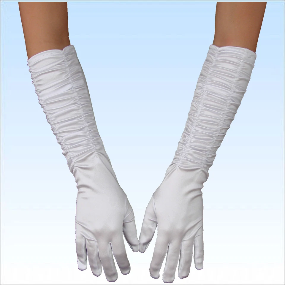 Brauthandschuhe Alice Satin weiß gerafft extra lang Handschuhe Braut Hochzeit - Bild 1 von 1