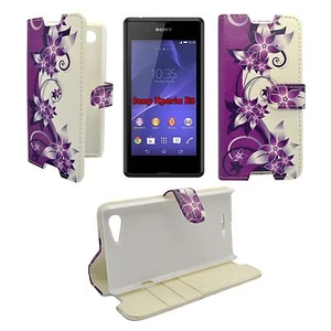 CASE FOR SONY XPERIA E3 PURPLE AND CREAM FLOWER DESIGN PU LEATHER WALLET COVER - Picture 1 of 14
