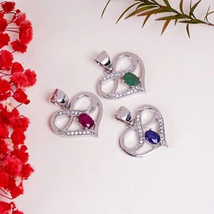 Solid 925 Silber Designer Edelstein Anhänger Saphir Rubin Smaragd Stein Schmuck - Bild 1 von 11