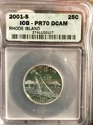 2001 S 25C Rhode Island State Quarter PR70DCAM Cameo ICG - Image 1 of 2