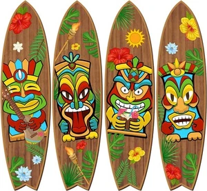4 PCS Tiki Surfboard Wall Decor Surfboard Wall Hanging Sign Wooden Beach Decorat - Picture 1 of 7