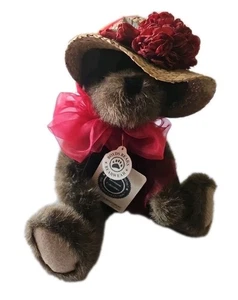 Boyds Bears Aunt Lawonne Brown Plush Bear With Straw Hat Burgundy Bow VTG 1992 - Picture 1 of 11