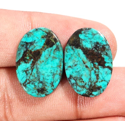 Natural Tibetan Turquoise Oval Shape Cabochon Pair Gemstone 17.75 Cts 21X15X4 mm - Image 1 of 3