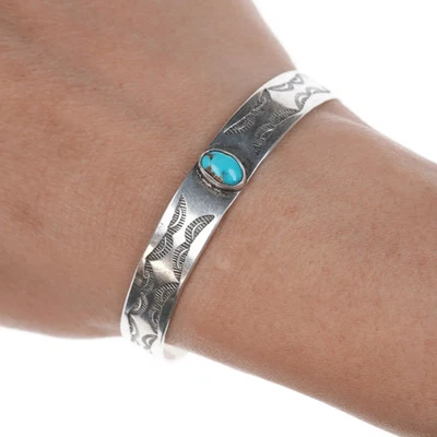 6.25" Vintage Navajo silver hand stamped cuff bracelet with center turquoise - Image 1 of 4