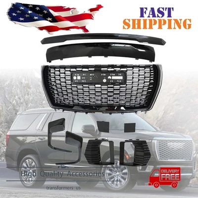 For GMC Yukon/XL Denali 2021-2024 Front Grille Hood Trim Molding Gloss BK 9PCS - Изображение 1 из 4