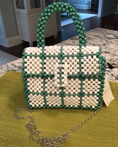 LULU HANDMADE GREEN/WHITE FULLY BEADED MINI PLAID BAG W/ CROSSBODY STRAP - NWT - Picture 1 of 11