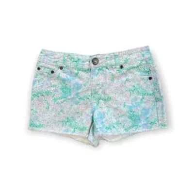 Pantalones Cortos Justice Premium Niñas Azul Verde Floral Flecos Dobladillo Denim Corte Talla 12 Foto 1 de 4