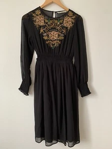 ZARA Black Sheer Embroidered Dress XS Dark Fairy Grunge Floral Smocked Goth Boho - Picture 1 of 13