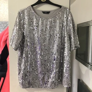 F&F Size 12 Pit To Pit 20in Silver Sequin Front Plain Grey Back Blouse/Top VGC - Picture 1 of 5