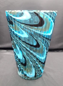 Large Ribbed Art Glass Vase with Swirl Pattern Teal White Brown - Picture 1 of 6