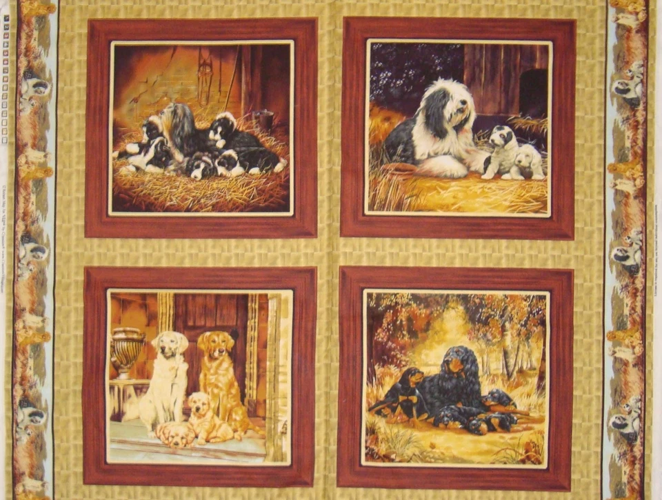 Patchworkstoff (€20/m²) 0,3m Hunde Familie Eltern und Welpen  1,1m breit - Bild 1 von 1