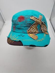 National Women's Distressed Embellished Cadet Hat Cap Guns Roses Patches Blue